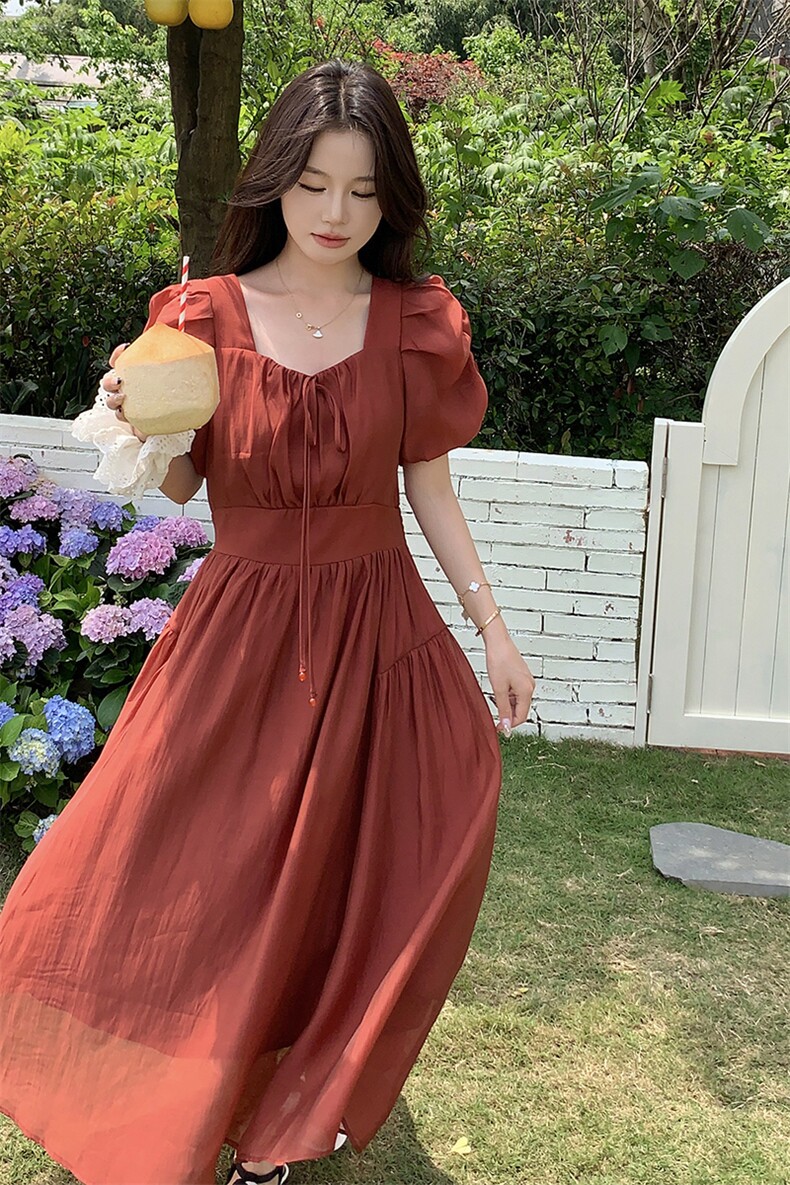 茶歇法式方领泡泡袖红色连衣裙女夏2025新款气质高端收腰雪纺长裙,女装连衣裙,2C087