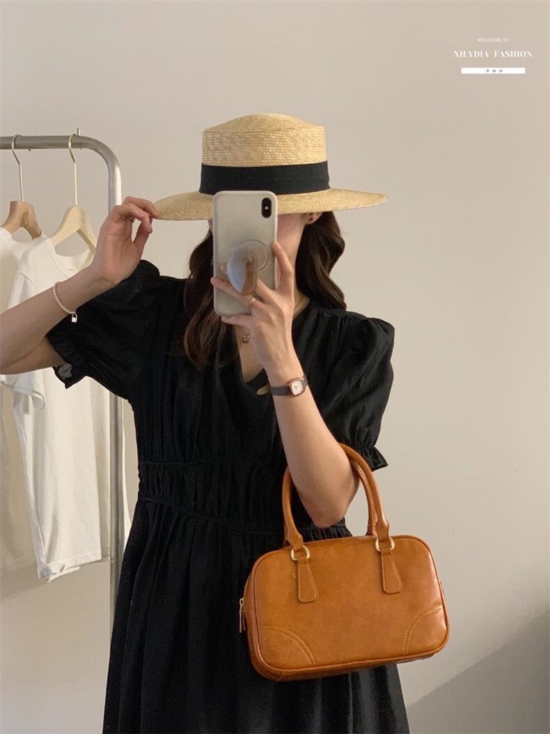 法式方领泡泡袖连衣裙夏季设计感小众温柔高级感,女装连衣裙,香丽迪1