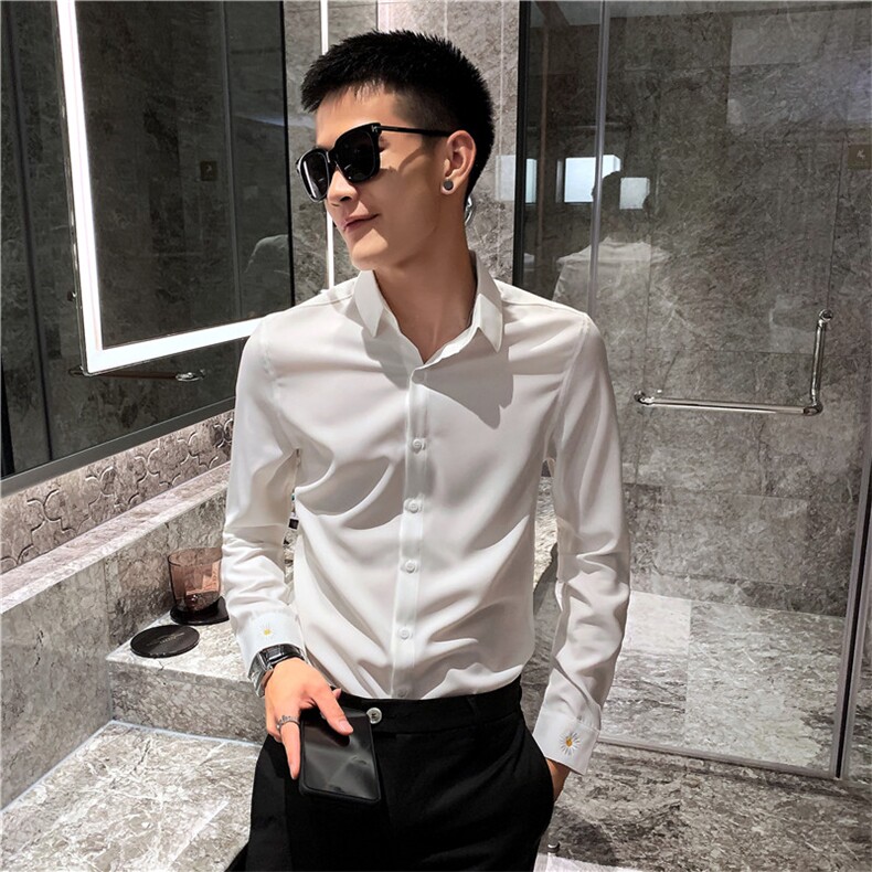 CSY82-P55控78  2021春秋装社会精神小伙小皱菊刺绣衬衫男 潮图片