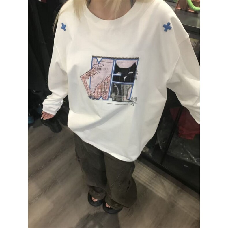 高街刺绣贴布白色长袖t恤女夏季2025慵懒风小众宽松上衣W1093,男装T恤,星座1116A（原606A-3）