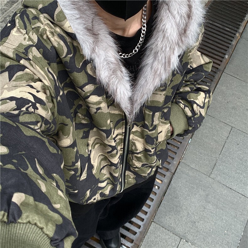 重磅迷彩毛绒拼接连帽外套男女潮冬季短款棉服座山雕加厚棉衣p108图片