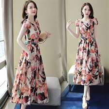 大码女装新款夏季南法花柄印花V领雪纺裙胖妹妹时尚洋气质连衣裙，女装连衣裙，罗得堡