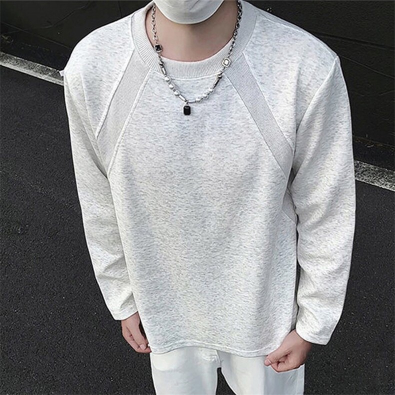 抖音得物品质26春装美式高街宽松曼巴棉螺纹拼接卫衣圆领长袖T恤,男装T恤,电商A443