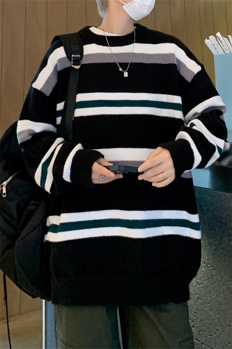 M9106/P60秋冬新款圆领毛衣男百搭简约潮宽松条纹打底针织衫,男装T恤,电商A141
