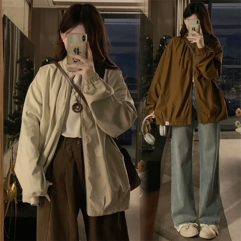 2024年新款港风美式潮流宽松百搭立领风衣夹克外套女 JK1261-P75图片