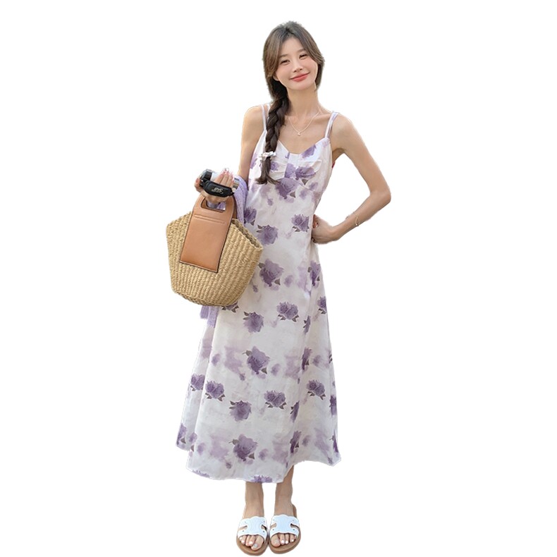 紫色碎花吊带裙女夏季薄款开衫披肩两件套连衣裙时尚搭配一整套,女装套装/套裙,2C057