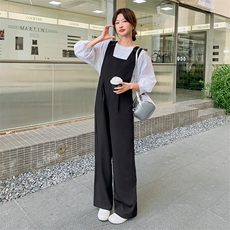时尚黑色背带裤女2025夏季新款韩版宽松高腰显瘦阔腿直筒裤两件套，女装套装/套裙，2C169
