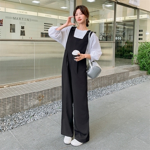 时尚黑色背带裤女2025夏季新款韩版宽松高腰显瘦阔腿直筒裤两件套图片