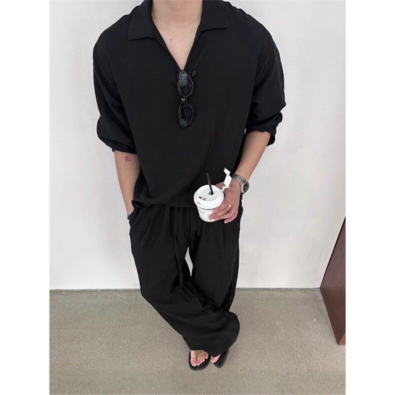 天丝亚麻长袖V领衬衫宽松直筒裤套装TZ087-P100 上衣P50 裤子P50图片