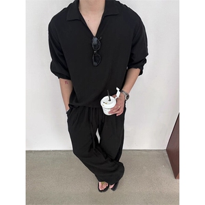 天丝亚麻长袖V领衬衫宽松直筒裤套装TZ087-P100 上衣P50 裤子P50图片