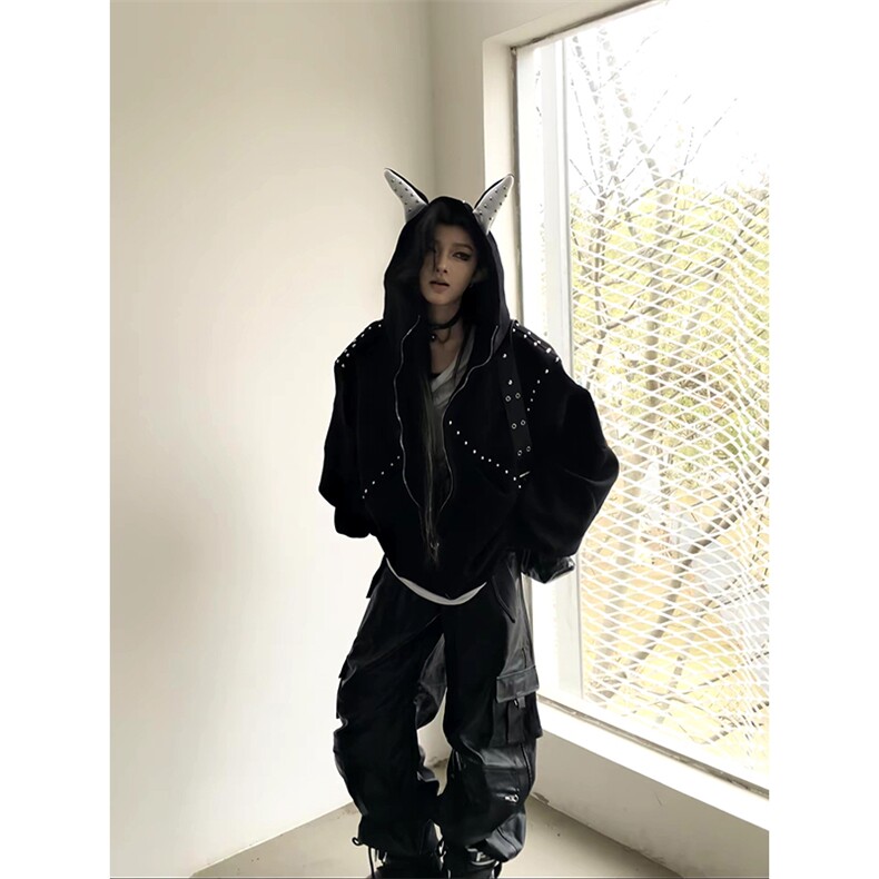 抖音得物高品质26春装美式高街铆钉杜宾犬耳朵开衫卫衣外套W125,女装短外套,电商A486