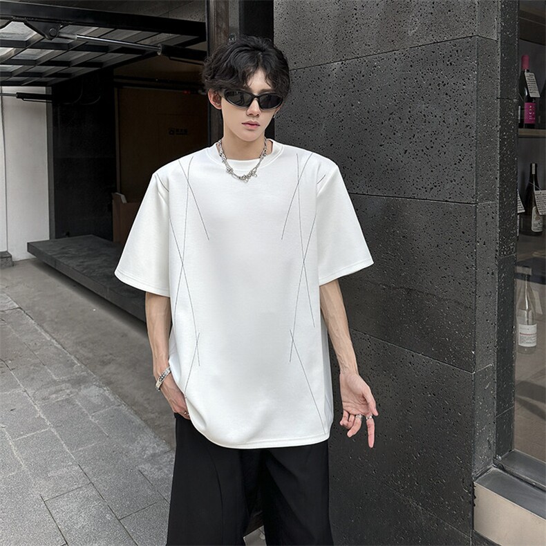 现货 垫肩设计缉明线百搭休闲潮男T恤  A071-T66-P40图片