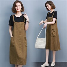 2021夏季新款简约时尚气质休闲舒适中长款可调节背带裙两件套，女装连衣裙，雪樱依海