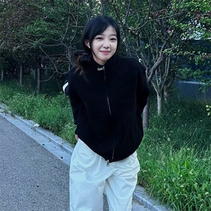 重磅秋冬北极绒开衫毛衣美式复古休闲慵懒风男女立领针织衫外套图片