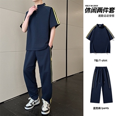 冰感重磅短袖套装男夏季宽松三杠半袖t恤衫长裤两件套，男装T恤，星座1206（原A206）