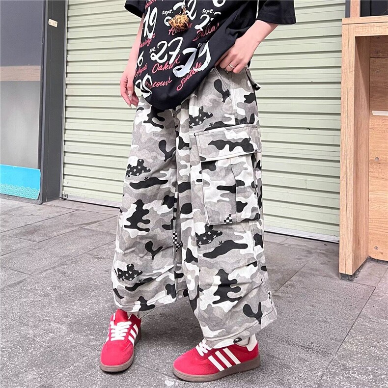 2025复古迷彩高腰美式工装裤宽松直筒裤子秋季休闲裤男女,女装休闲裤,星座506A