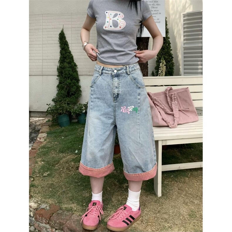 AK2284-P68美式复古牛仔七分裤女格纹拼接卷边做旧休闲短裤,男装牛仔裤,星座617A-2