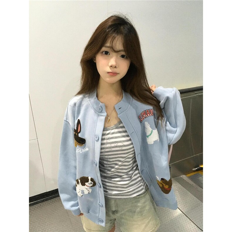 复古卡通毛巾刺绣小狗宽松卫衣秋冬新款潮牌百搭开衫上衣棒球外套,女装短外套,星座1210-1