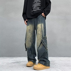 美式复古重工做旧水洗牛仔裤拼接设计感高街直筒阔腿裤89333-p55，男装牛仔裤，星座1008
