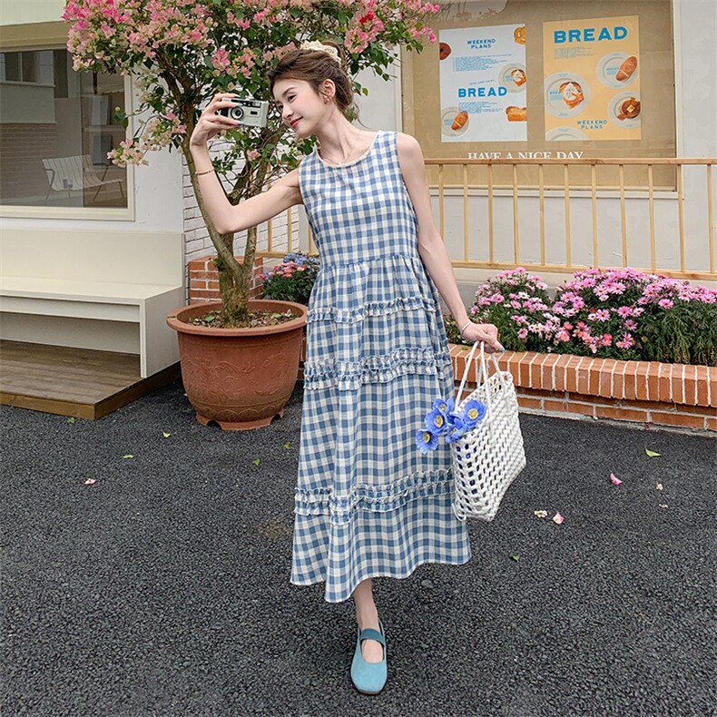 蓝白格撞色木耳边无袖连衣裙女2025夏季新款韩系减龄俏皮漂亮长裙,女装连衣裙,浙宝276（原081）