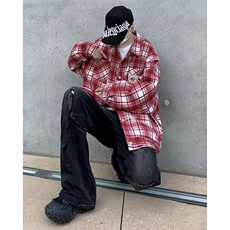 拼色设计感格子毛呢刺绣长袖衬衫男女宽松潮流春秋外套CS0011-P50，男装衬衫，星座308B-1
