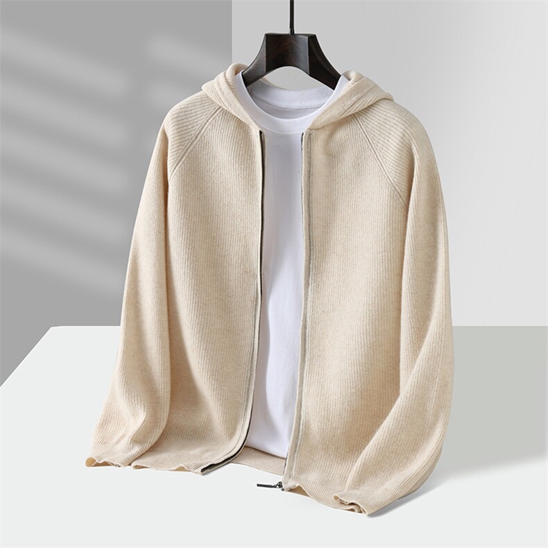 2025年秋季新款百搭连帽元宝针拉链开衫，男装羊毛衫，江杉羊绒