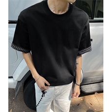 夏季新款圆领格子袖子拼接短袖T恤T2807-特批35控58，男装T恤，电商A072
