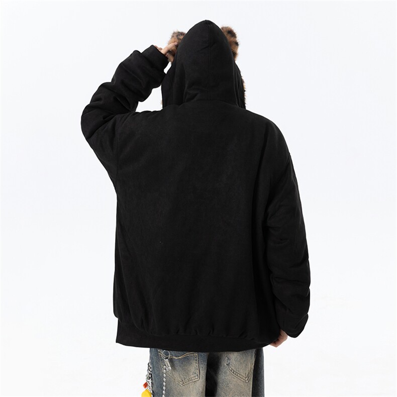 豹纹座山雕麂皮猫耳朵连帽棉服外套加厚棉衣2312P118,男装棉衣,星座506-1