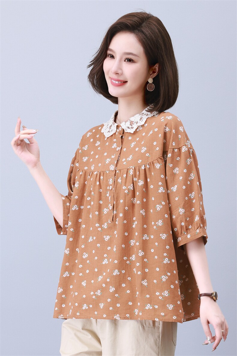 时尚宽松印花拼接上衣甜美蕾丝领口设计适合各种身材的女性穿着,女装衬衫,叶笙衣
