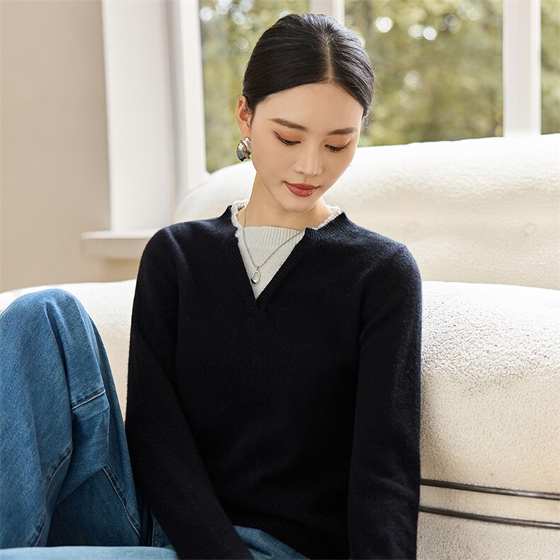 2025年秋季女士假两件长袖百搭通勤,女装羊绒衫,仙姿羊绒