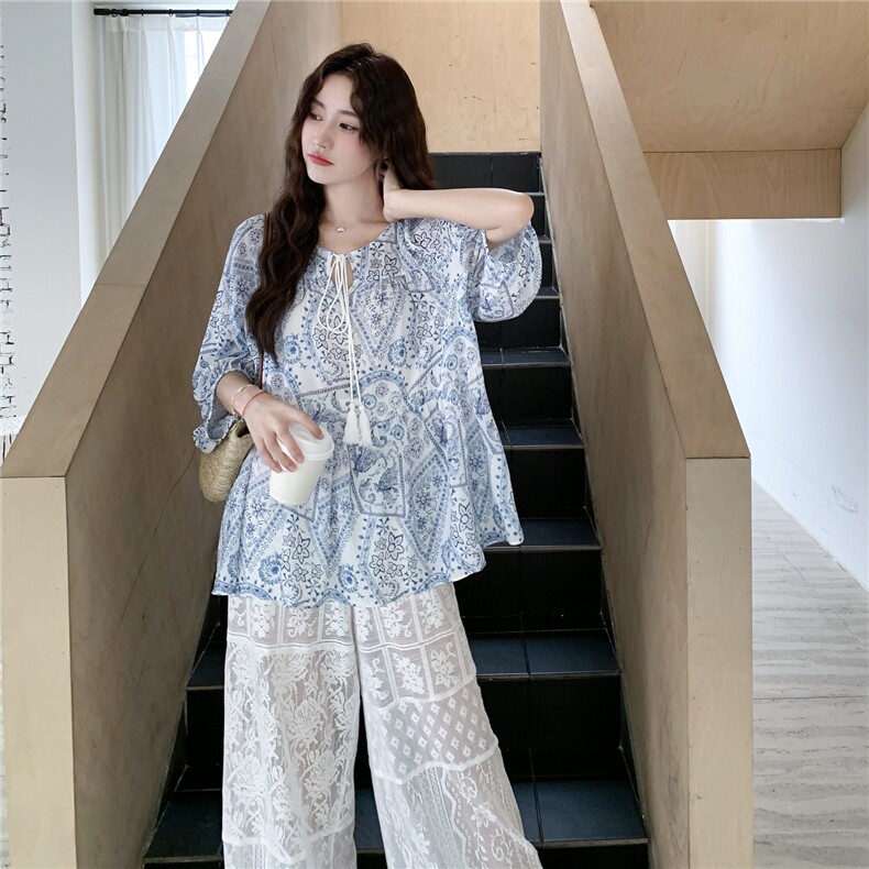 慵懒度假风宽松显瘦印花上衣套装女2025夏季日系氛围感蕾丝休闲裤图片