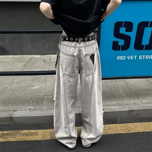 美式高街设计感破洞牛仔裤男女夏季潮牌做旧水洗阔腿裤vibe弯刀裤图片