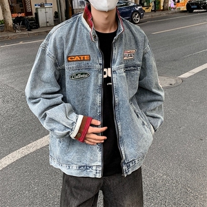 美式机车牛仔外套男士2026秋冬季新款撞色宽松拉链夹克JK5529/P80图片