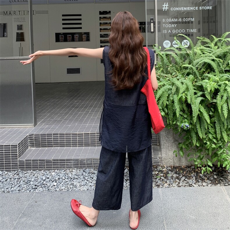 蓝色马甲阔腿裤两件套女2025年夏季新款时尚直筒高腰减龄显瘦套装,女装套装/套裙,2C170