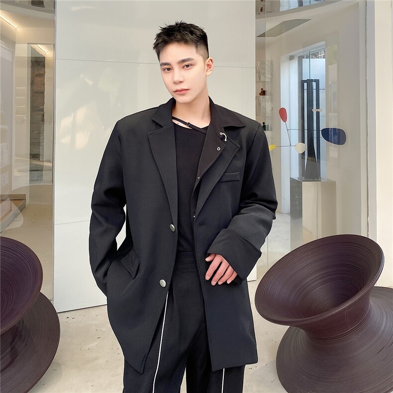 新款假二件不对称金属环休闲复古长袖西服男春秋A345-199-P135图片