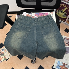 夏季美式复古牛仔短裤男款潮牌高街水洗小众做旧宽松阔腿七分裤子，男装牛仔裤，星座601-2