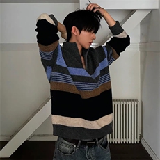 【有货】DMY307-特批50立领条纹毛衣男冬季新款套头半拉链针织衫，男装针织衫/毛衣，星座603-2