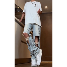 B221美式ins高街小众情侣款大破洞牛仔裤LK23078-P55控78，男装牛仔裤，电商B221