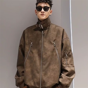 J30-P67 复古水洗做旧PU皮夹克男款秋冬cleanfit高级感垫肩立领图片