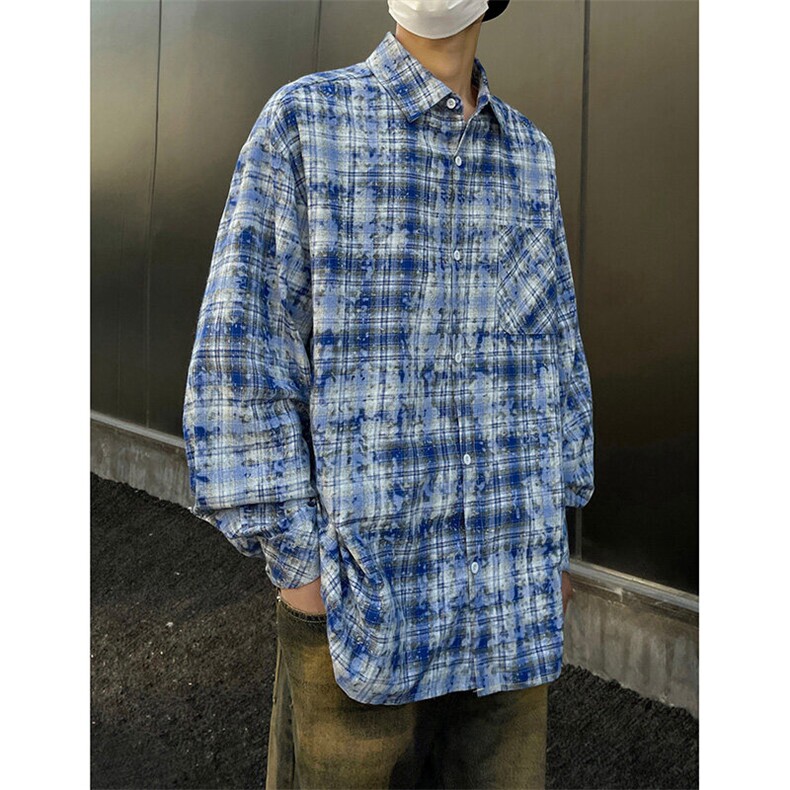 秋季扎染格子衬衫C5371-TP5578港风衬衣大格薄外套上衣男,男装衬衫,电商A102