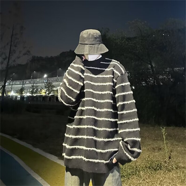 秋冬韩系慵懒风撞色条纹针织衫男女宽松情侣款Z8822-P50图片