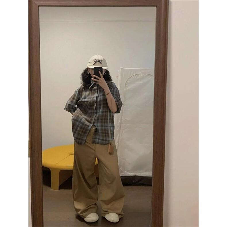夏季复古格纹美式慵懒衬衫宽松休闲街头设计感短袖外套CS159,男装T恤,星座208-5