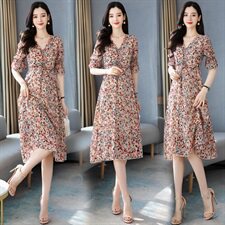 2021新款夏款小个子中长款复古V领碎花雪纺连衣裙，女装连衣裙，瑶迪依秀