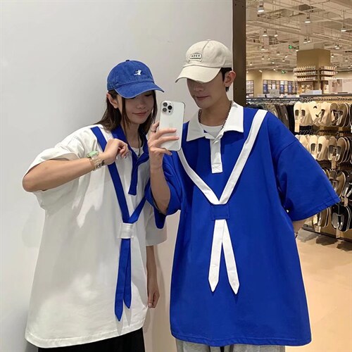 polo衫男短袖t恤宽松半袖ins原宿学生拼色翻领五分袖上衣T535P35，男装Polo衫，星座1116-2