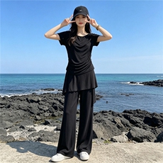 韩版时尚休闲套装女夏季新款斜肩收腰短袖上衣蕾丝屁帘长裤两件套，女装套装/套裙，江南
