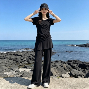 韩版时尚休闲套装女夏季新款斜肩收腰短袖上衣蕾丝屁帘长裤两件套图片
