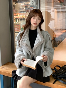 羊羔毛拼接毛呢外套女冬小个子休闲宽松加厚呢上衣图片
