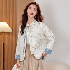新中式盘扣提花外套女2025新款春秋款上衣小个子高级感立领，女装短外套，水衣源