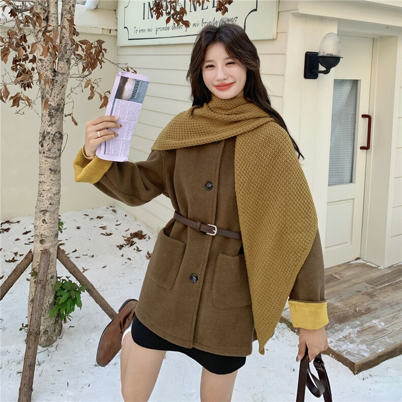 新款！冬装围巾+腰带撞色毛呢大衣外套2C133-8983-P195-K278，女装毛呢外套，2C133