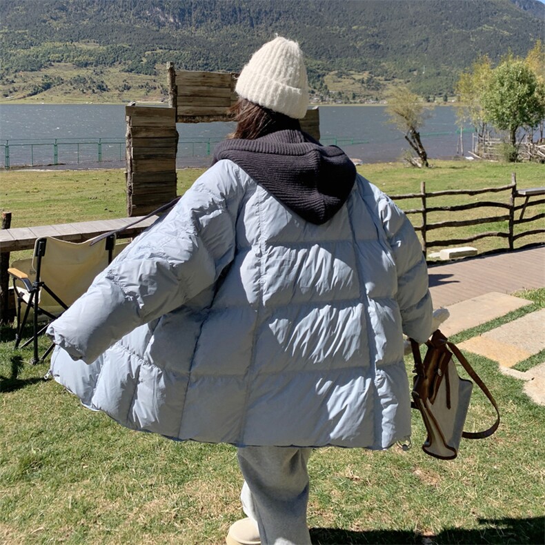奶呼呼蓝色羽绒服女冬季2025新款中长款小个子宽松保暖面包服外套,女装羽绒服,2C177